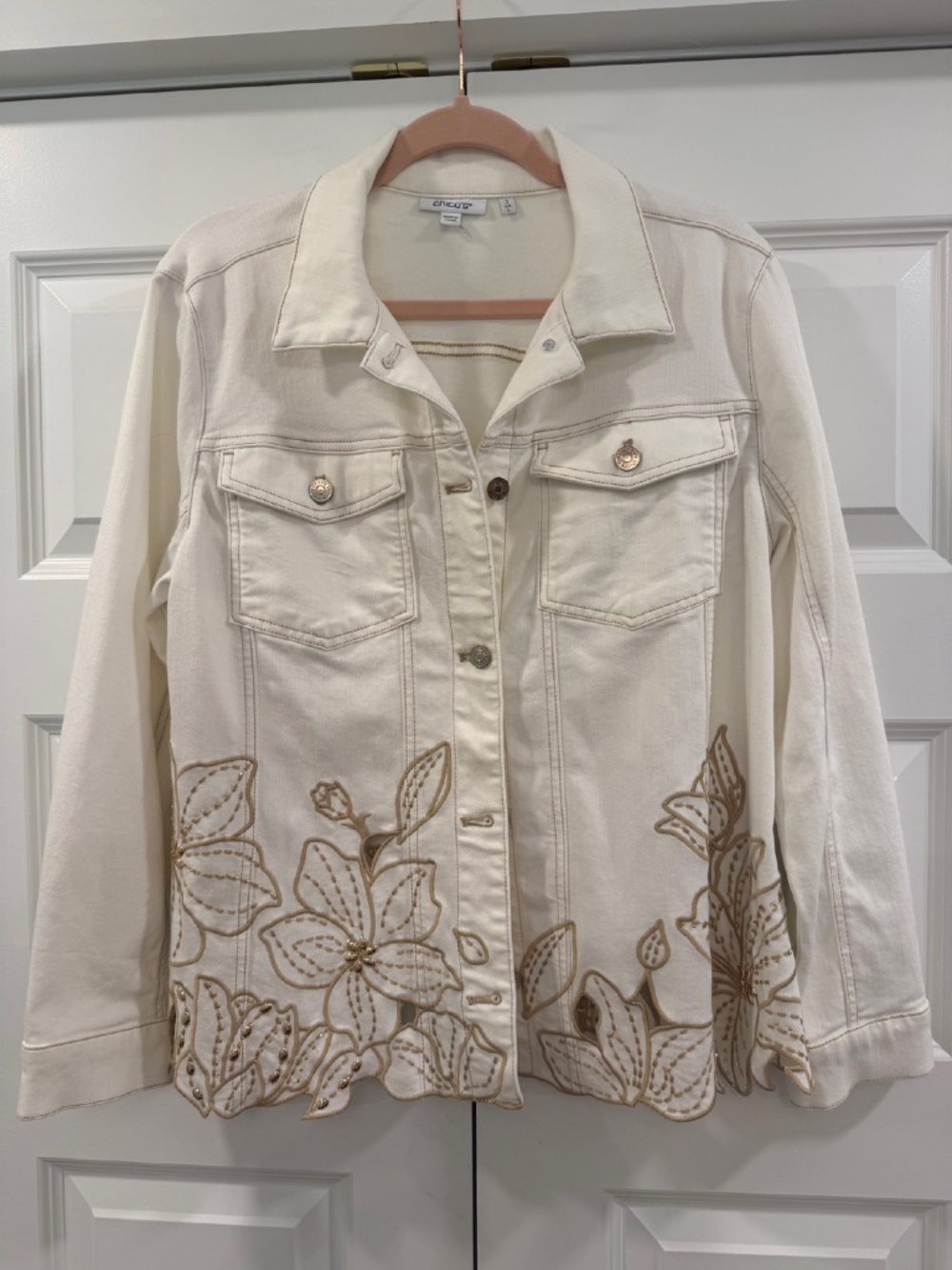 Chico's Floral Cut out Denim Jacket Size Large